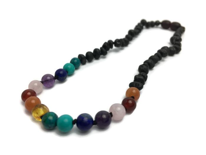 Baltic Amber Necklace - Half Baltic Amber Necklace 19 Rainbow Raw Black Cherry Pink Amethyst
