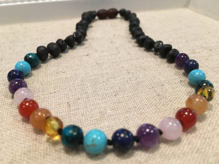 Baltic Amber Necklace - Half Baltic Amber Necklace 19 Rainbow Raw Black Cherry Pink Amethyst