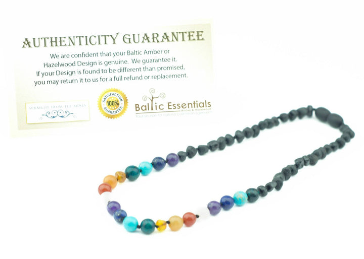 Baltic Amber Necklace - Half Baltic Amber Necklace 19 Rainbow Raw Black Cherry Pink Amethyst