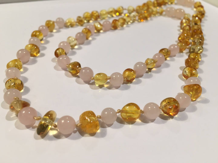 Baltic Amber Necklace - Necklace SET Baltic Amber Polished Lemon Pink Rose Quartz 17-18 And 11 Inch Necklace Baby Teething AND Teen Or Adult Arthritis Carpal Tunnel Sciatica Back Pain Cramps