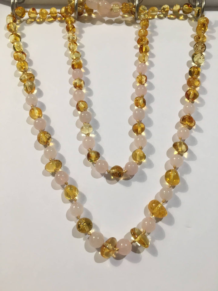 Baltic Amber Necklace - Necklace SET Baltic Amber Polished Lemon Pink Rose Quartz 17-18 And 11 Inch 