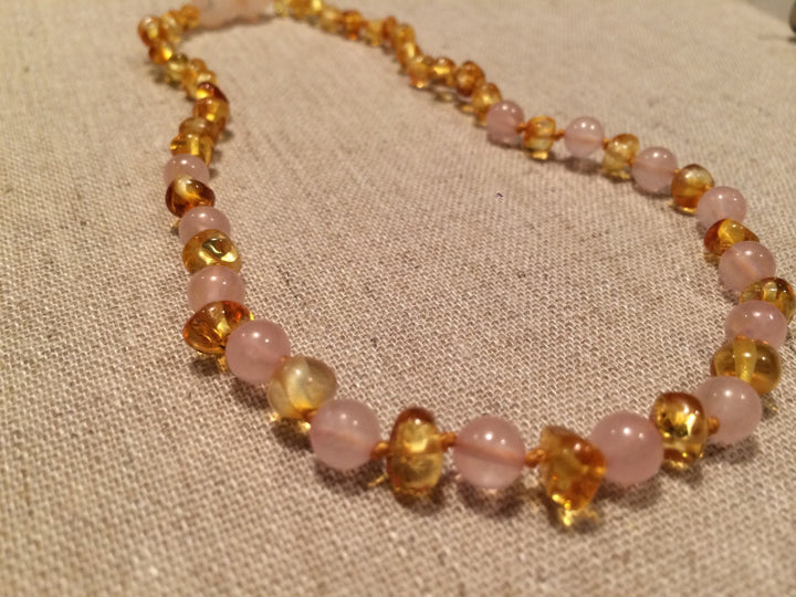 Baltic Amber Necklace - Necklace SET Baltic Amber Polished Lemon Pink Rose Quartz 17-18 And 11 Inch 