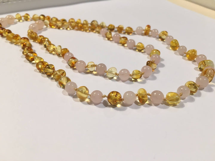 Baltic Amber Necklace - Necklace SET Baltic Amber Polished Lemon Pink Rose Quartz 17-18 And 11 Inch 