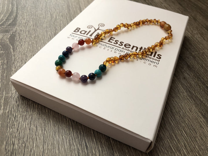 Baltic Amber Necklace - Polished Honey Half Rainbow 11 Baltic Amber Necklace Pink Quartz Amethyst