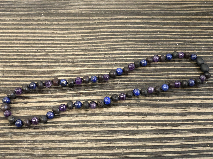 Baltic Amber Necklace 17 19 Raw Cherry Mix Help for Focus, ADHD, Anger, Pain. Lapis & Amethyst 