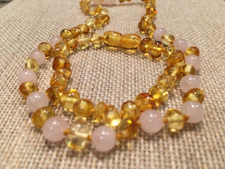 Baltic Amber Teething Necklace Bracelet SET Polished Lemon Pink Rose Quartz 12.5 Inch Necklace, 5.5 Inch Bracelet For Baby Toddler