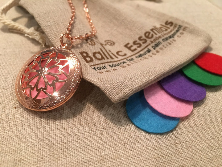 Diffuser Necklace - Pink Copper Essential Oil Diffuser Aromatherapy Pendant, Necklace Jewlery Locket Antique 24" Chain And 5 Aroma Pads