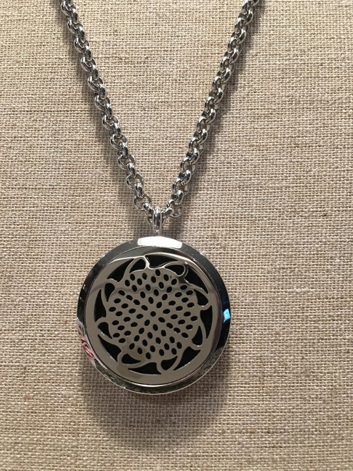 Essential Oil Pendant Stainless Steel Diffuser Sunflower, Locket With 19" Chain.