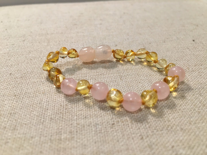 Bracelet - 5-6 Inch Bracelet Pink Rose Quartz Polished Lemon Baltic Amber Baby Toddler