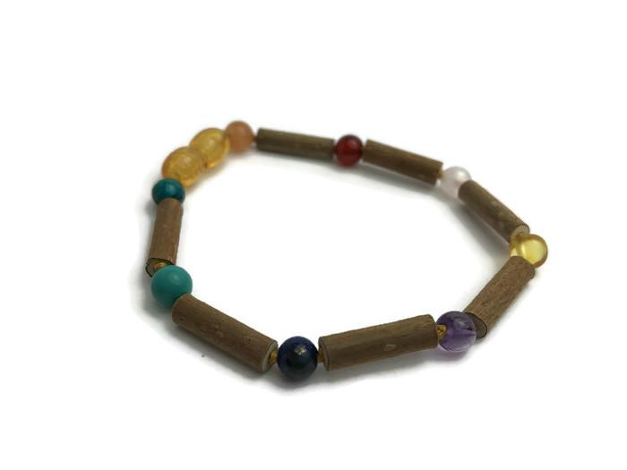 Hazelwood Bracelet - 8 - 9 Inch Hazelwood Bracelet Eczema Colic Reflux GERD Rose Lapis Amethyst