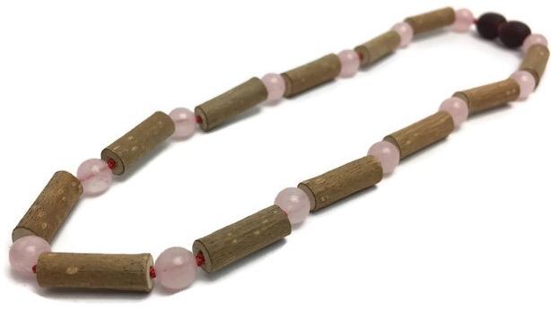 Hazelwood Necklace - 14 Inch Hazelwood (For Heart Burn, Acid Reflux, Eczema) Necklace For Pre-Teen With Pink Rose Quartz
