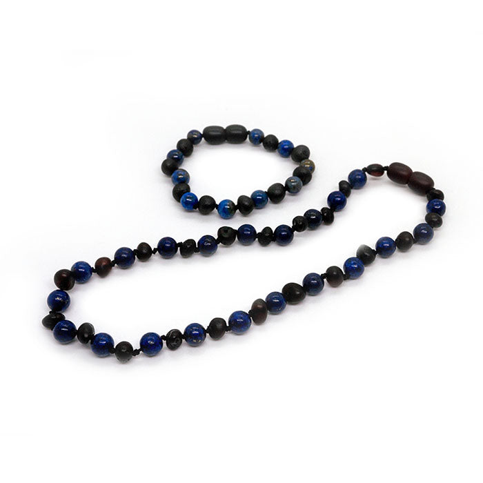 12.5 14 inch Baltic Amber Necklace Raw unpolished Cherry & Blue Lapis Lazuli 16" - 22" for Adult
