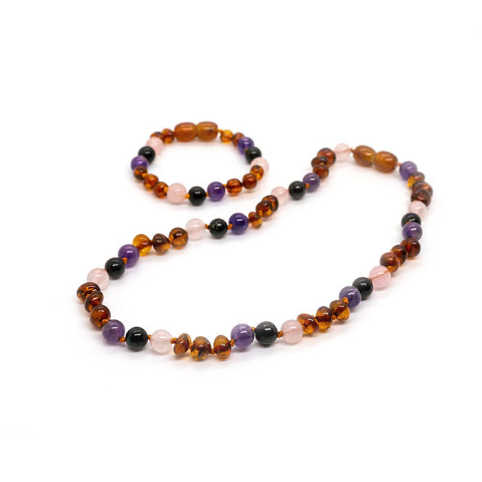 Baltic Amber Necklace Dark Amber Pink Rose Quartz Amethyst Shungite