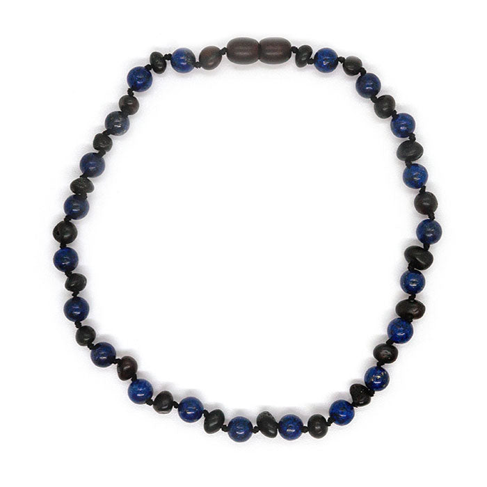 12.5 14 inch Baltic Amber Necklace Raw unpolished Cherry & Blue Lapis Lazuli 16" - 22" for Adult