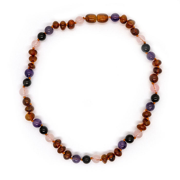 Baltic Amber Necklace Dark Amber Pink Rose Quartz Amethyst Shungite