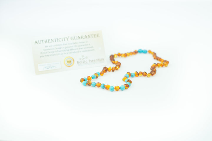 Polished Cognac Turquoise 17 Inch Baltic Amber Necklace For Big Kid, Child, Or Adult