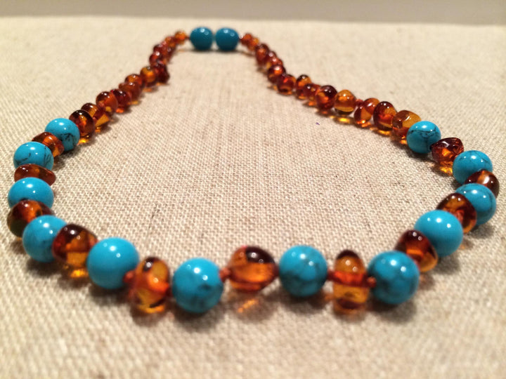 Polished Cognac Turquoise 17 Inch Baltic Amber Necklace For Big Kid, Child, Or Adult