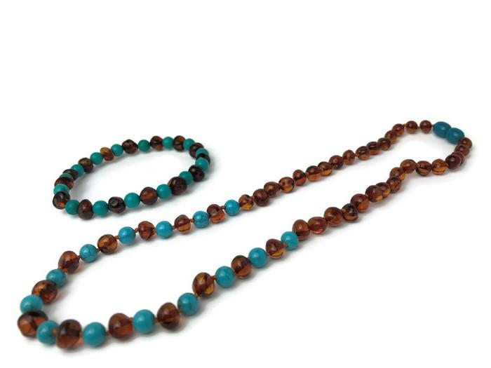 Polished Cognac Turquoise 17 Inch Baltic Amber Necklace For Big Kid, Child, Or Adult