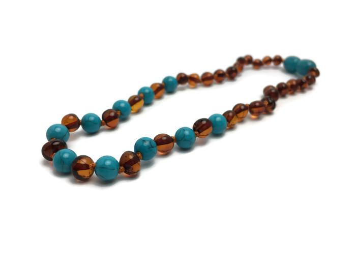 Polished Cognac Turquoise Baltic Amber Necklace For Baby, Infant, Toddler, Big Kid.