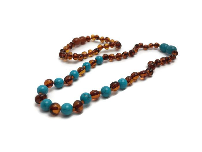 Polished Cognac Turquoise Baltic Amber Necklace For Baby, Infant, Toddler, Big Kid.