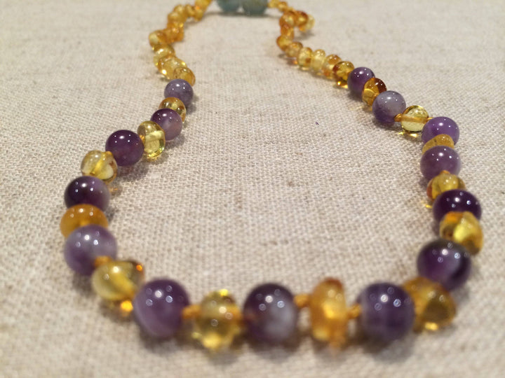 Polished Lemon Amethyst 17 Or 18 Inch Baltic Amber Necklace For Big Kid, Child, Or Adult