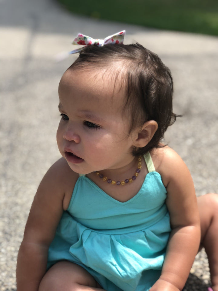 Polished Lemon Amethyst Baltic Amber Necklace For Newborn Baby, Infant, Toddler