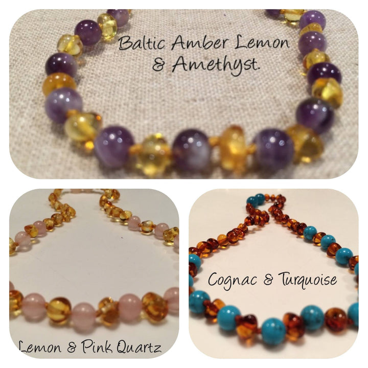 Polished Lemon 11" Pink Amethyst Or Turquoise Cognac Baltic Amber Necklace