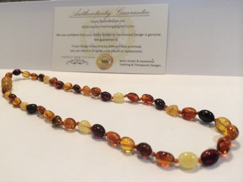 Polished Multi Bean Baltic Amber Necklace For Baby, Infant, Toddler, Big Kid.