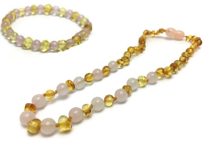 SET Baltic Amber Polished Lemon Pink 17-18 Inch Necklace AND Bracelet