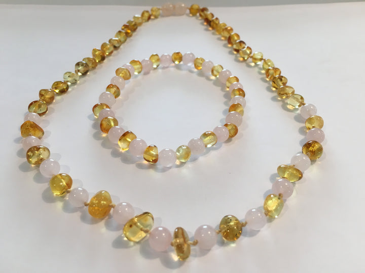 SET Baltic Amber Polished Lemon Pink Rose Quartz 17-18 Inch Necklace AND Bracelet For Teen