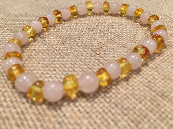 SET Baltic Amber Polished Lemon Pink Rose Quartz 17-18 Inch Necklace AND Bracelet For Teen