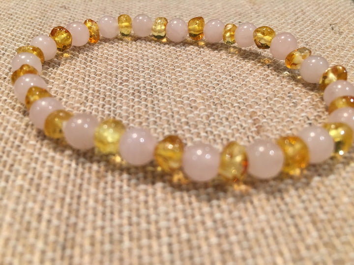 SET Baltic Amber Polished Lemon Pink Rose Quartz 17-18 Inch Necklace AND Bracelet For Teen
