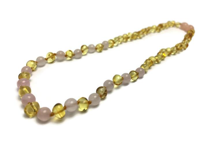 SET Baltic Amber Polished Lemon Pink Rose Quartz 17-18 Inch Necklace AND Bracelet For Teen