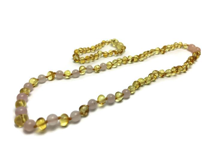 SET Baltic Amber Polished Lemon Pink Rose Quartz 17-18 Inch Necklace AND Bracelet For Teen