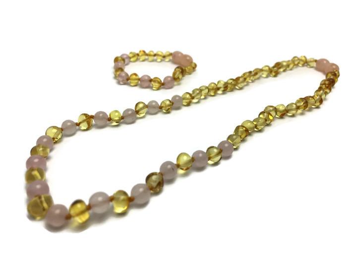 SET Baltic Amber Polished Lemon Pink Rose Quartz 17-18 Inch Necklace AND Bracelet For Teen