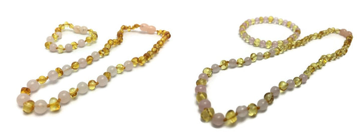 SET Baltic Amber Polished Lemon Pink Rose Quartz 17-18 Inch Necklace AND Bracelet For Teen