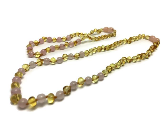 SET Baltic Amber Polished Lemon Pink Rose Quartz 17-18 Inch Necklace AND Bracelet For Teen
