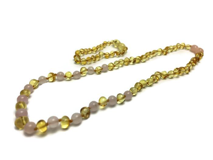 SET Baltic Amber Polished Lemon Pink Rose Quartz 17-18 Inch Necklace AND Bracelet For Teen