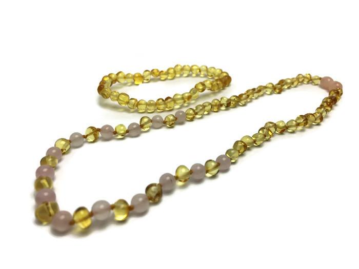 SET Baltic Amber Polished Lemon Pink Rose Quartz 17-18 Inch Necklace AND Bracelet For Teen